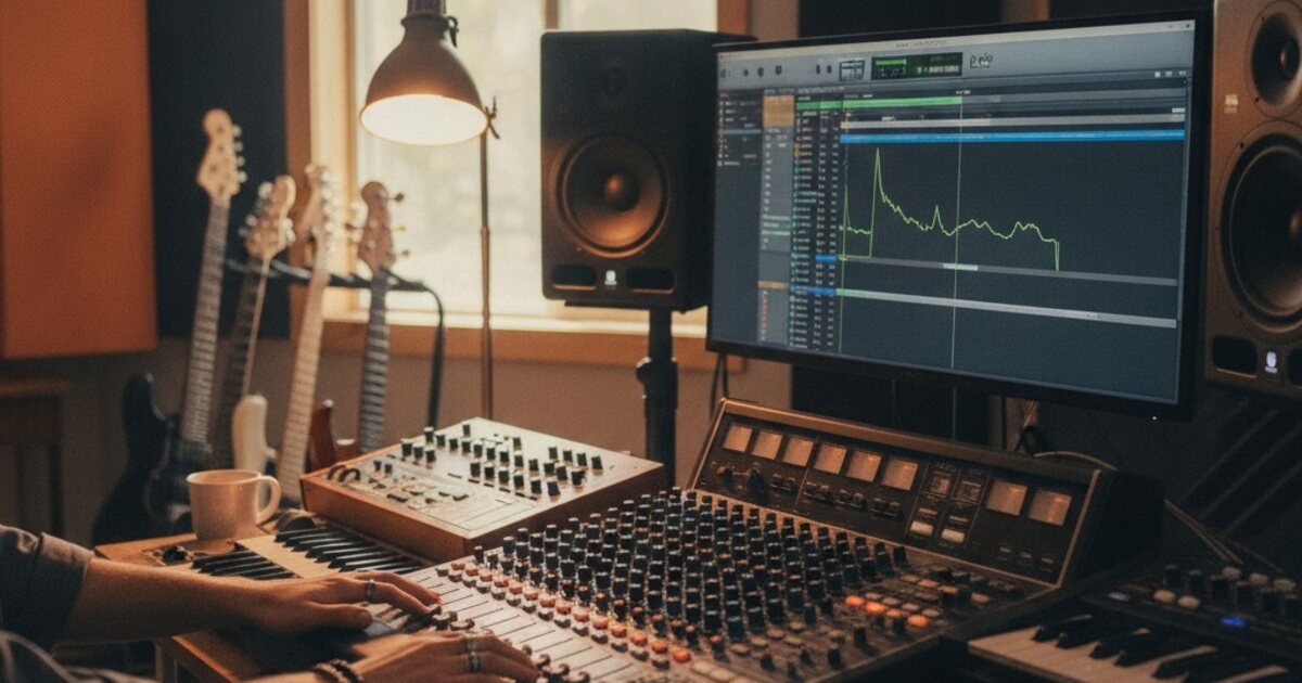 Müzik üretiminde yapay zeka araçları kullanan bir prodüktörün stüdyo masasındaki ekran görüntüsü