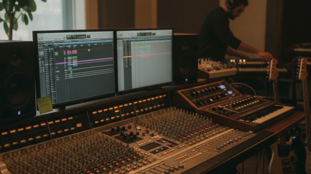 Müzik üretiminde yapay zeka araçları ile donatılmış bir prodüksiyon stüdyosu, dijital ekranlarda dalga formları ve AI arayüzleri