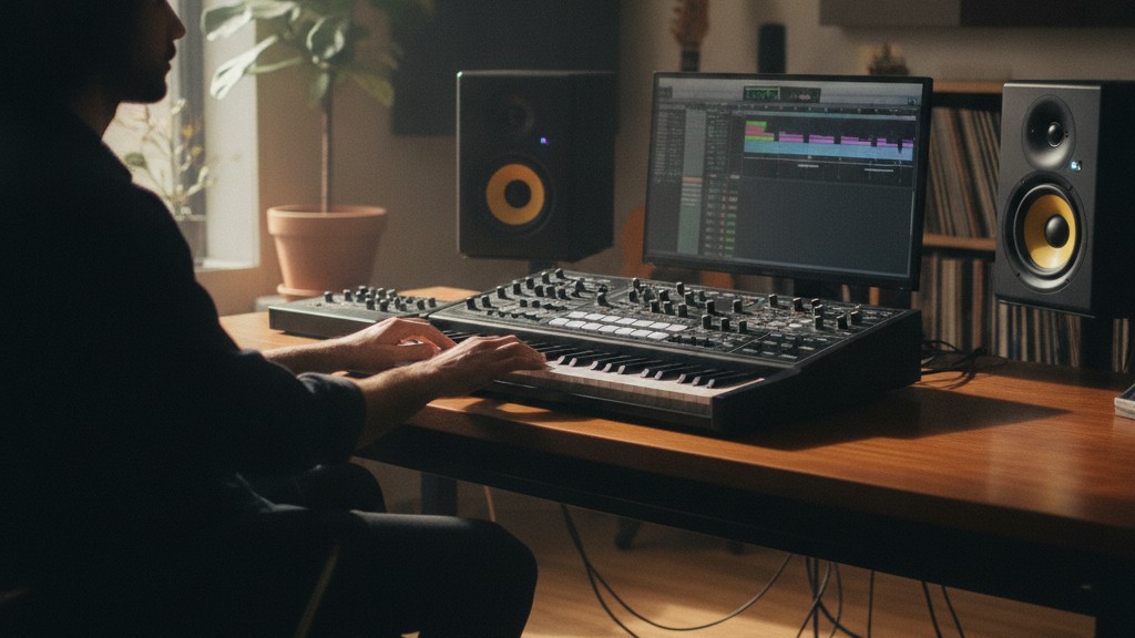 Suno ve Udio arayüzlerini gösteren, suno vs udio karşılaştırma temalı dijital müzik stüdyosu görselleri, arka planda müzik notaları ve yapay zeka sembolleri.