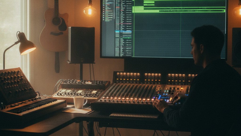 Echo Bazaar yapay zeka müzik başarı hikayesi görseli, dijital müzik prodüksiyon ekranı ve dalga formları