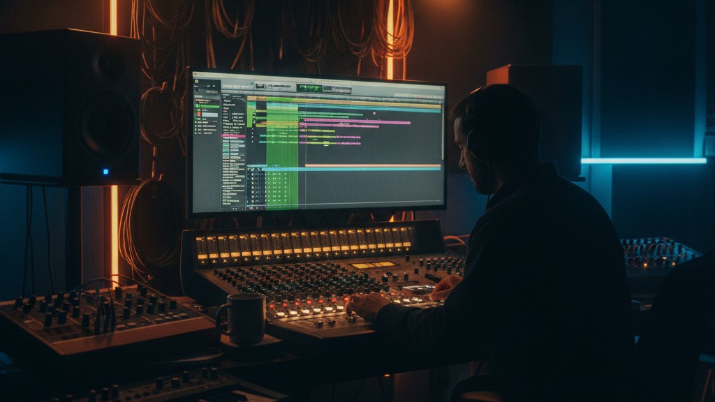 Yapay zeka müzik deneyimi ve prodüksiyon stüdyosunu yansıtan modern bir görsel